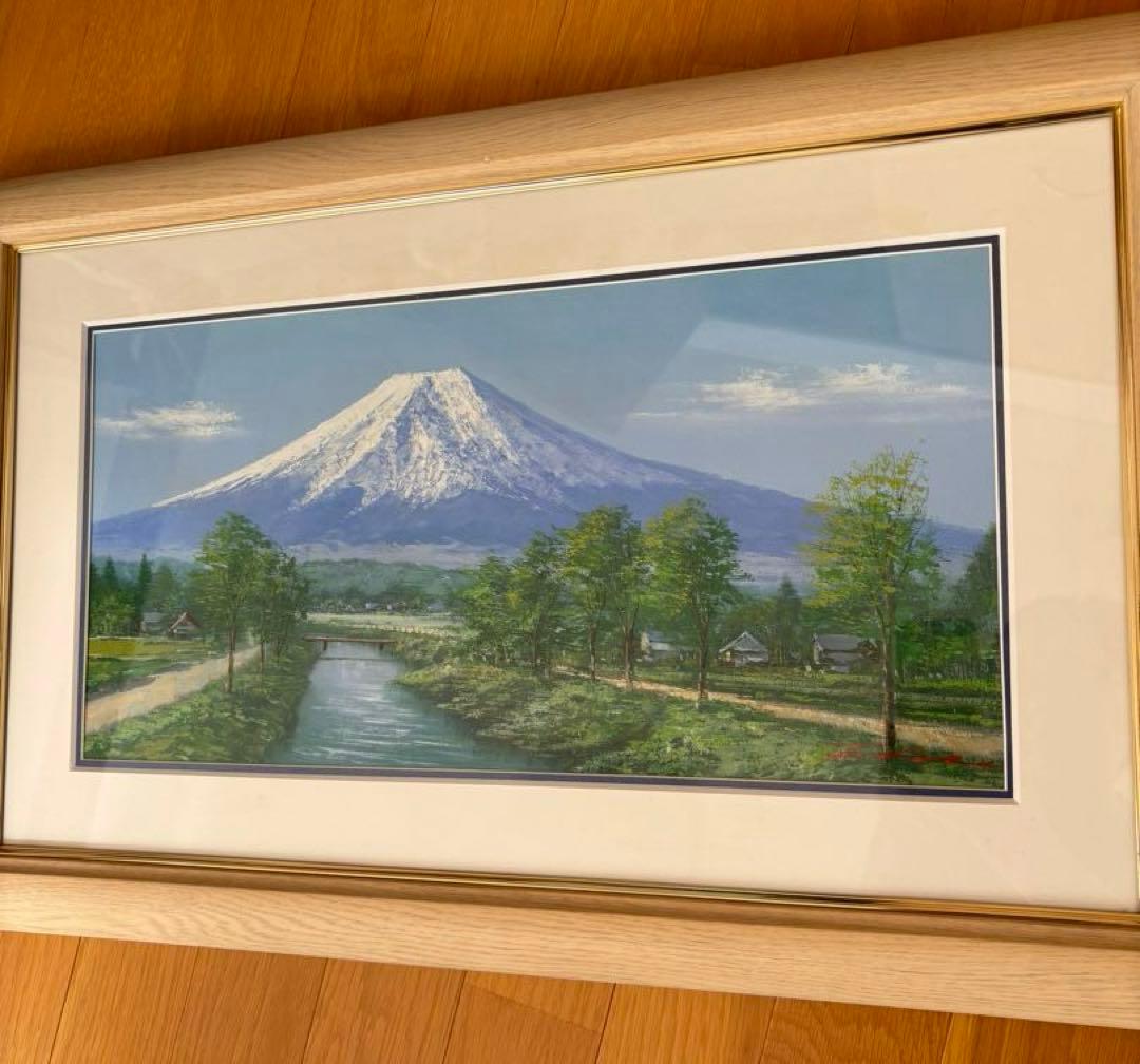 真作‼️ 田所　洋作　忍野富士　油絵画 木製フレーム付き