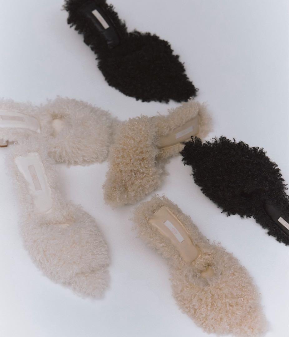 eimyファーオープントゥミュール ファーもこもこ黒