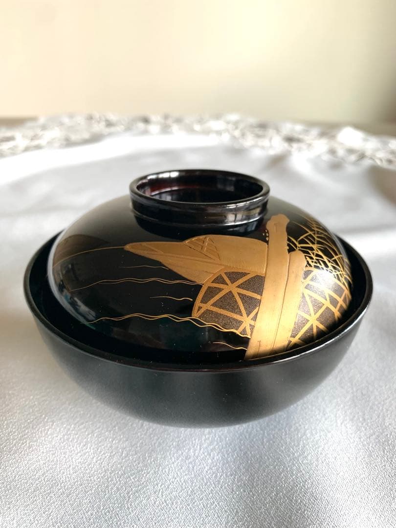 蓋付吸い物椀　曳舟蒔絵　10客　木製　時代物