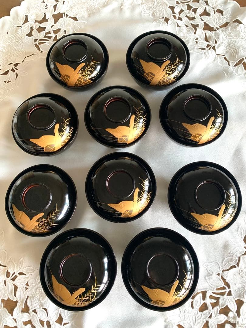 蓋付吸い物椀　曳舟蒔絵　10客　木製　時代物