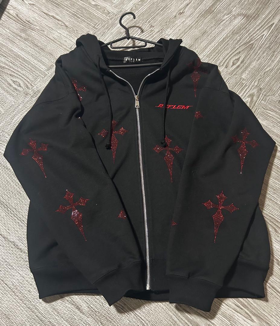 REFLEM/レフレム十字架ラインストーンパーカー BLACK×RED レア色