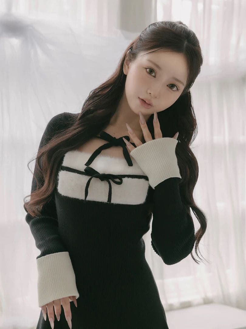 新品タグ付 ダーリッチ リボンファーフレアニットミニワンピース ブラック FL