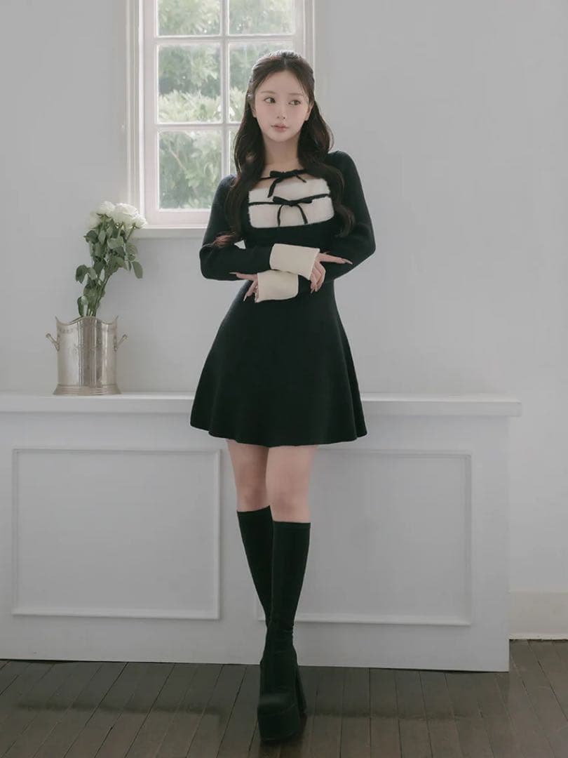 新品タグ付 ダーリッチ リボンファーフレアニットミニワンピース ブラック FL