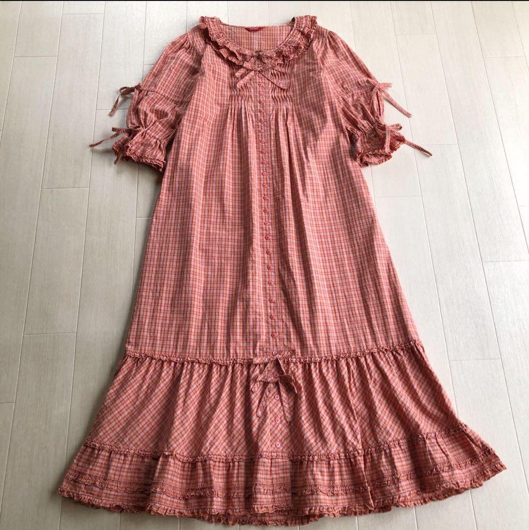 【美品】ピンクハウス チェック柄 Aライン ピコフリル リボン ワンピース