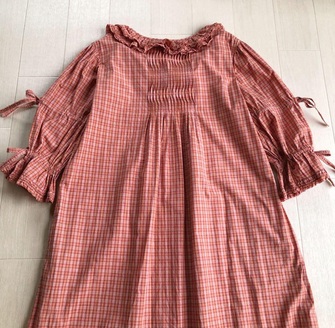 【美品】ピンクハウス チェック柄 Aライン ピコフリル リボン ワンピース