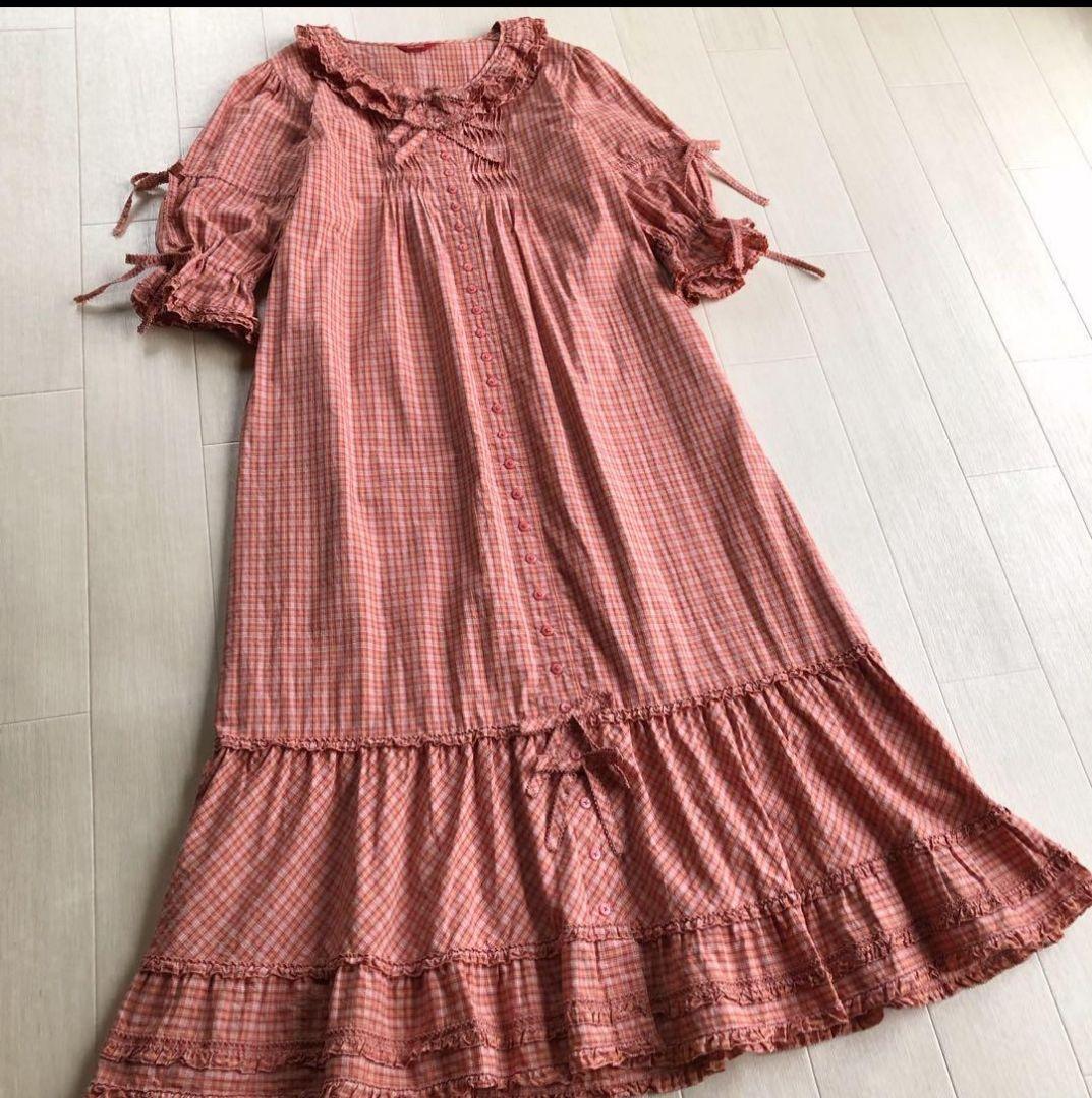 【美品】ピンクハウス チェック柄 Aライン ピコフリル リボン ワンピース