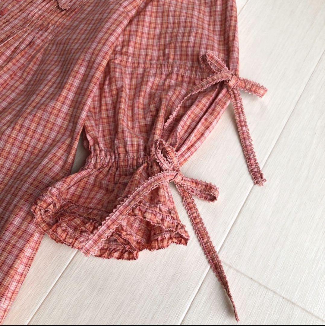 【美品】ピンクハウス チェック柄 Aライン ピコフリル リボン ワンピース