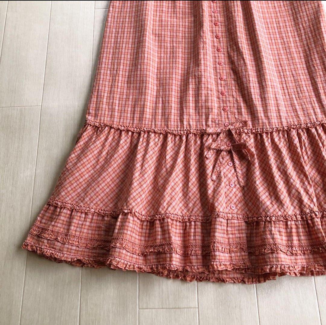 【美品】ピンクハウス チェック柄 Aライン ピコフリル リボン ワンピース