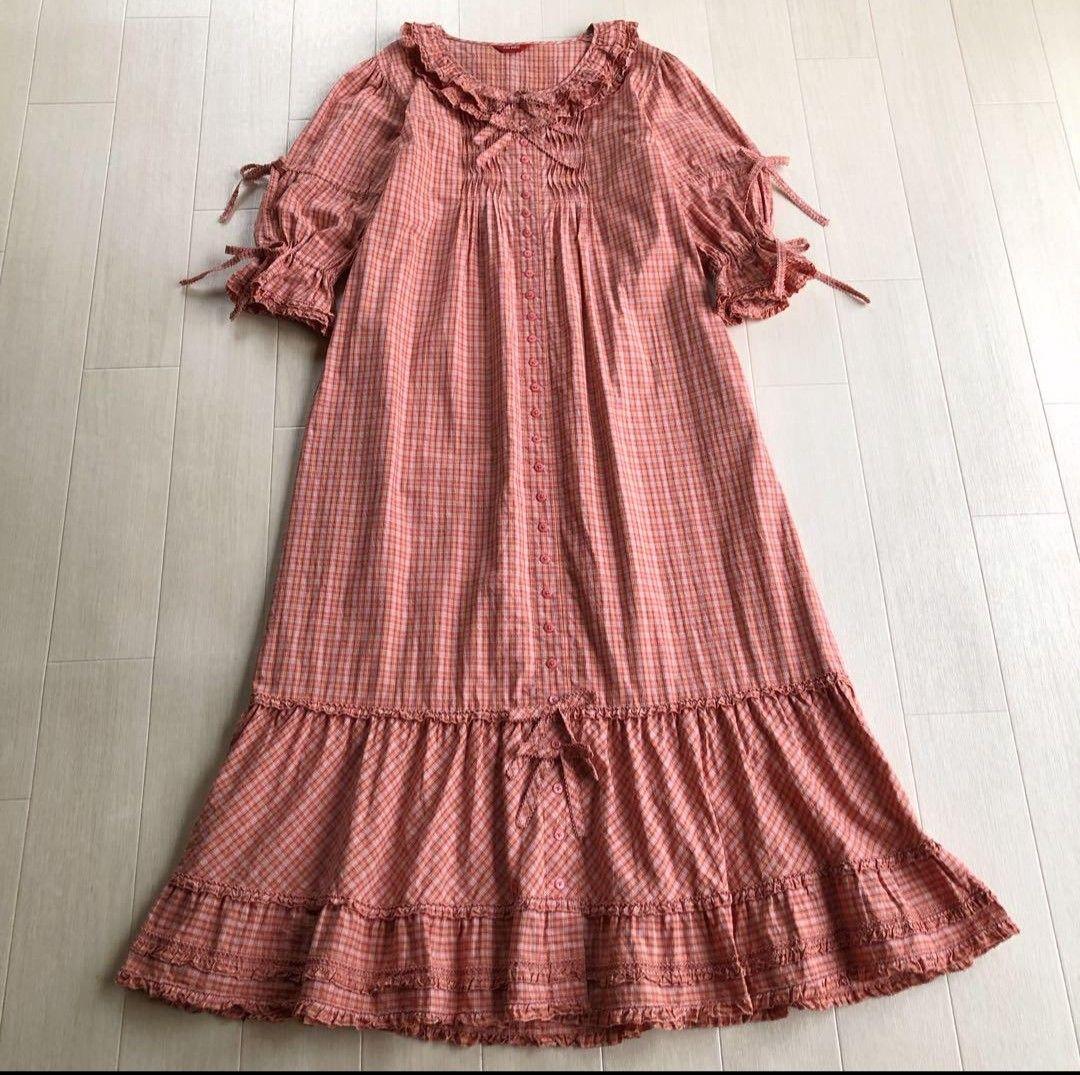 【美品】ピンクハウス チェック柄 Aライン ピコフリル リボン ワンピース