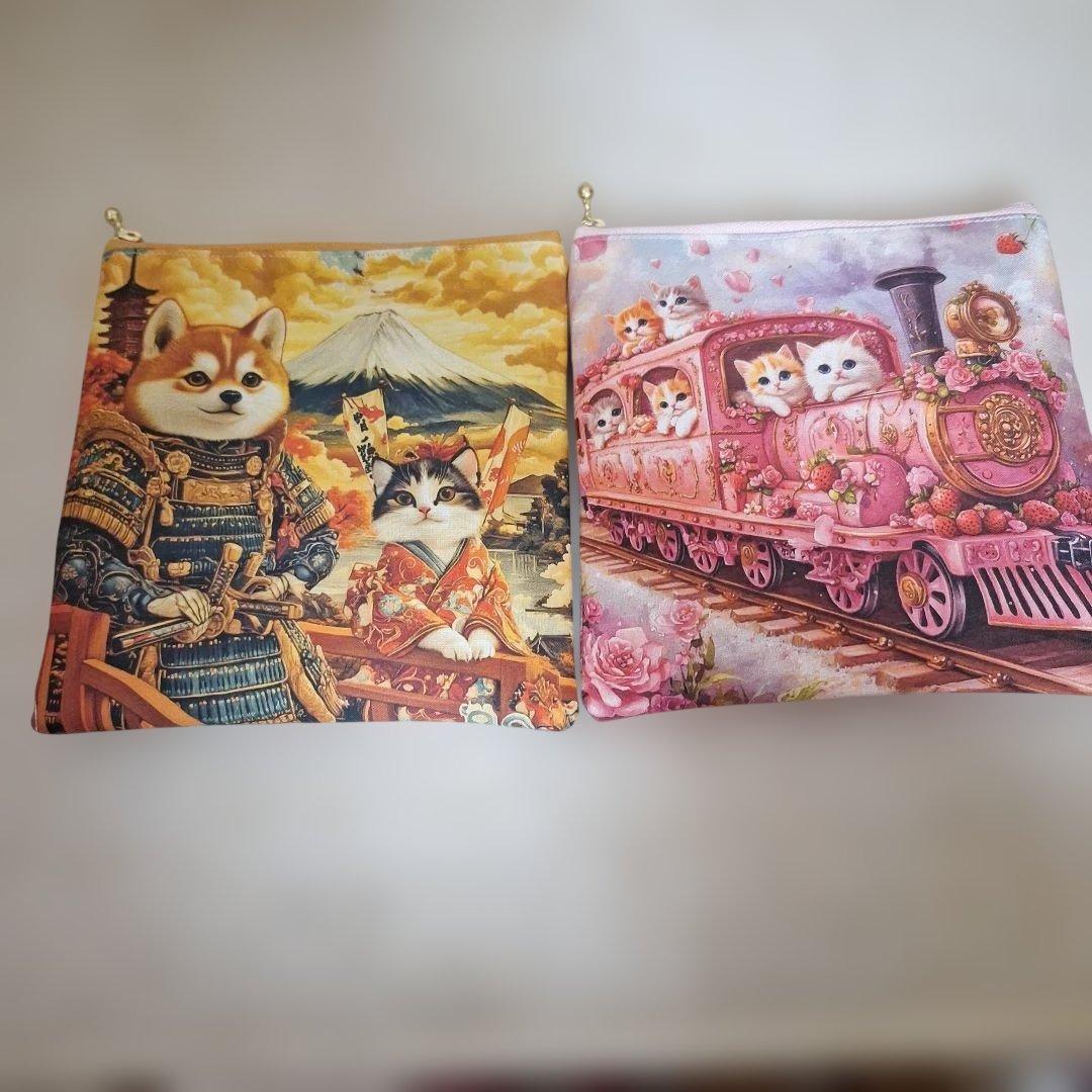 激レアねことうさぎパネル生地　ハンドメイド　ミニバック　フラットポーチ