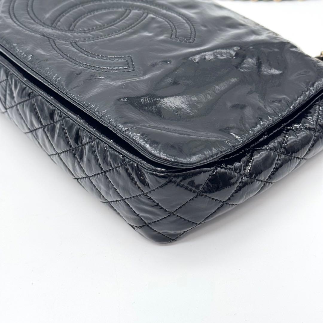 極美品 シャネル デカココ チェーン ショルダーバッグ フラップ エナメル 黒