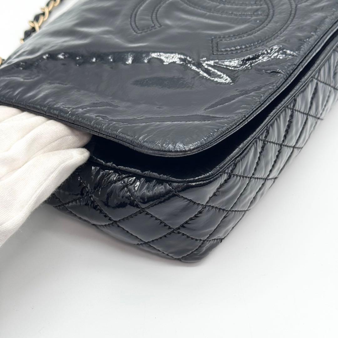 極美品 シャネル デカココ チェーン ショルダーバッグ フラップ エナメル 黒