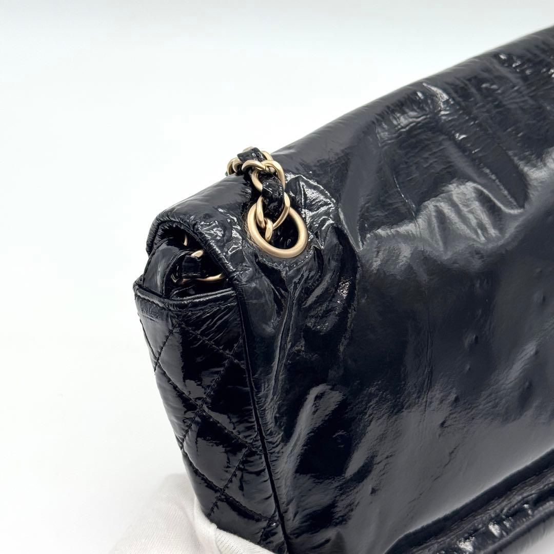 極美品 シャネル デカココ チェーン ショルダーバッグ フラップ エナメル 黒