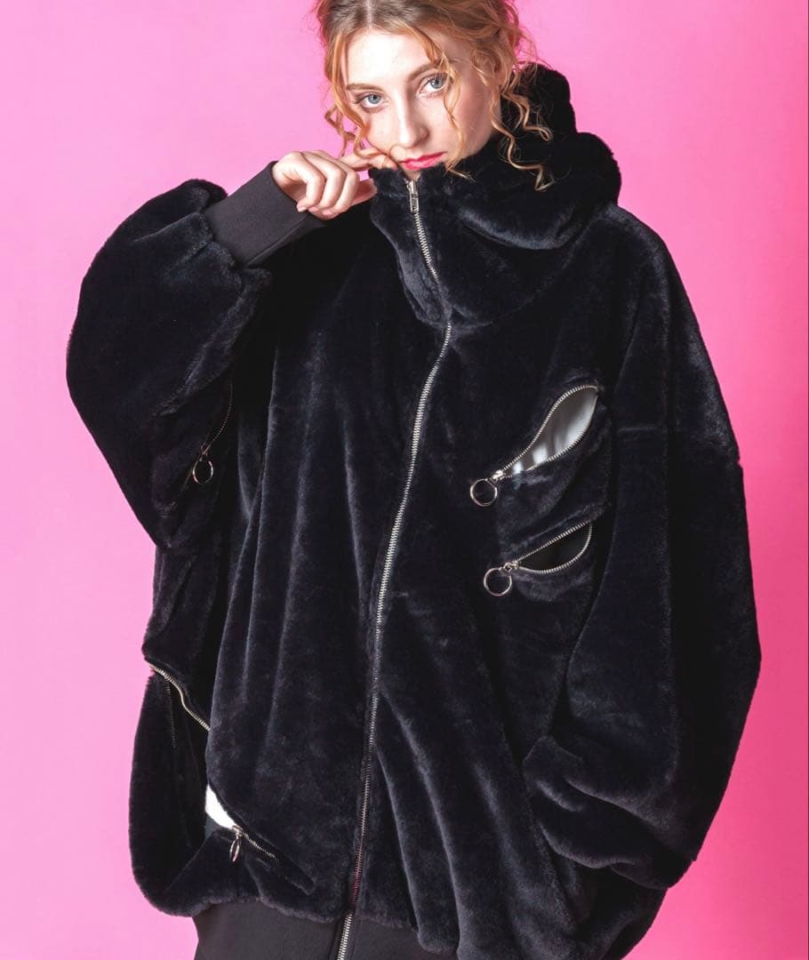 ショートファースパンキーリングジップボリュームネックフードパーカー