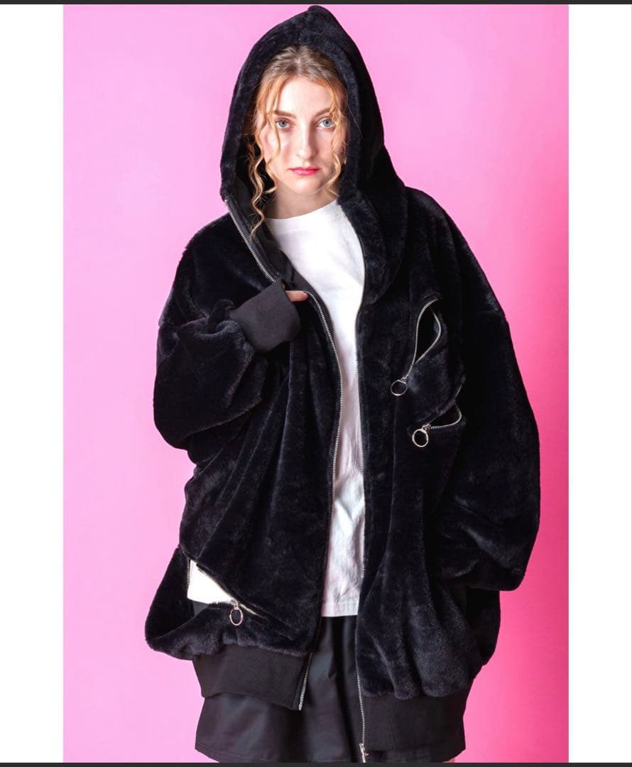 ショートファースパンキーリングジップボリュームネックフードパーカー