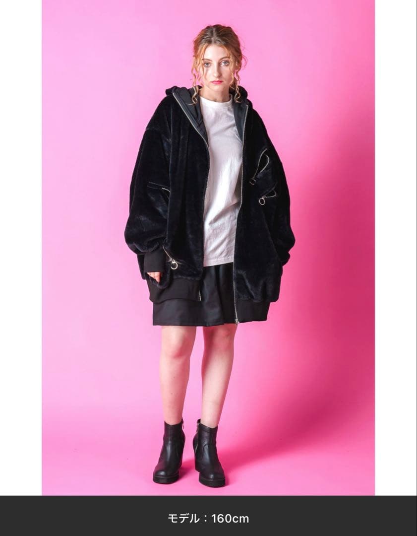 ショートファースパンキーリングジップボリュームネックフードパーカー