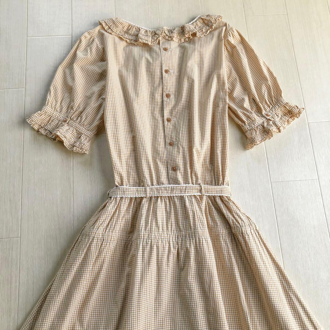 ピンクハウス 綿ローン ベージュ×白 チェック柄 ピコフリル ワンピース