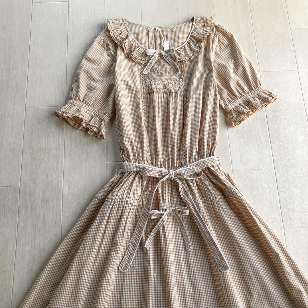 ピンクハウス 綿ローン ベージュ×白 チェック柄 ピコフリル ワンピース