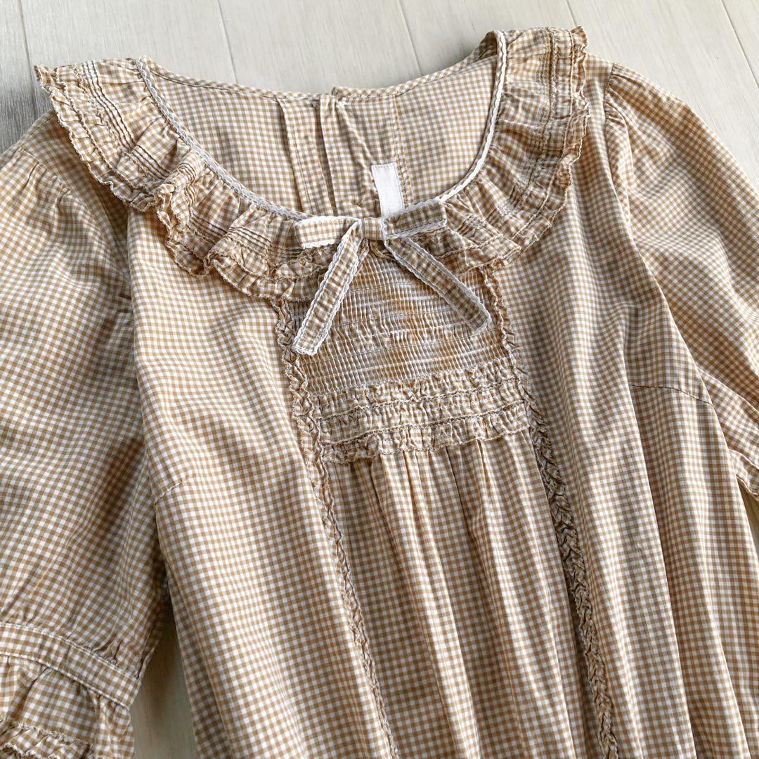 ピンクハウス 綿ローン ベージュ×白 チェック柄 ピコフリル ワンピース