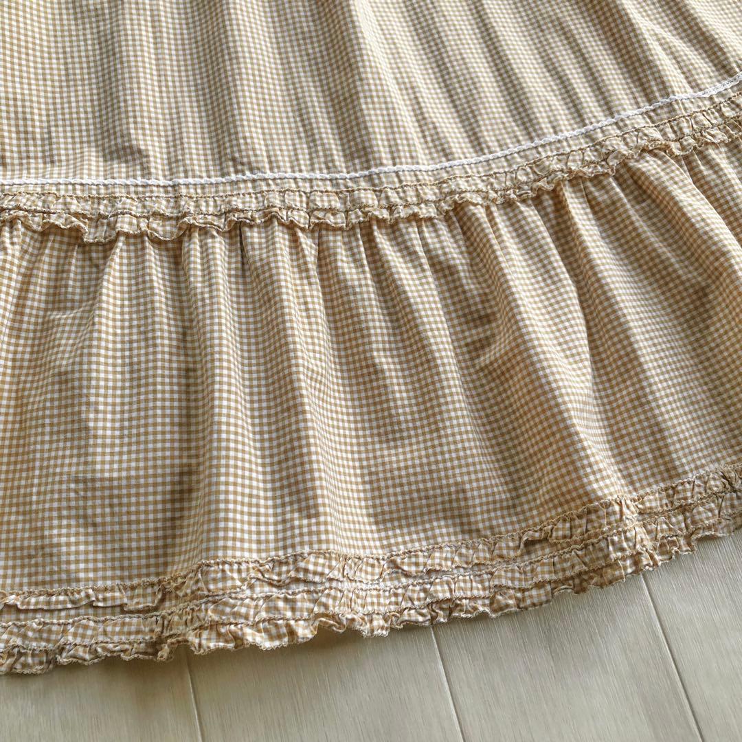 ピンクハウス 綿ローン ベージュ×白 チェック柄 ピコフリル ワンピース