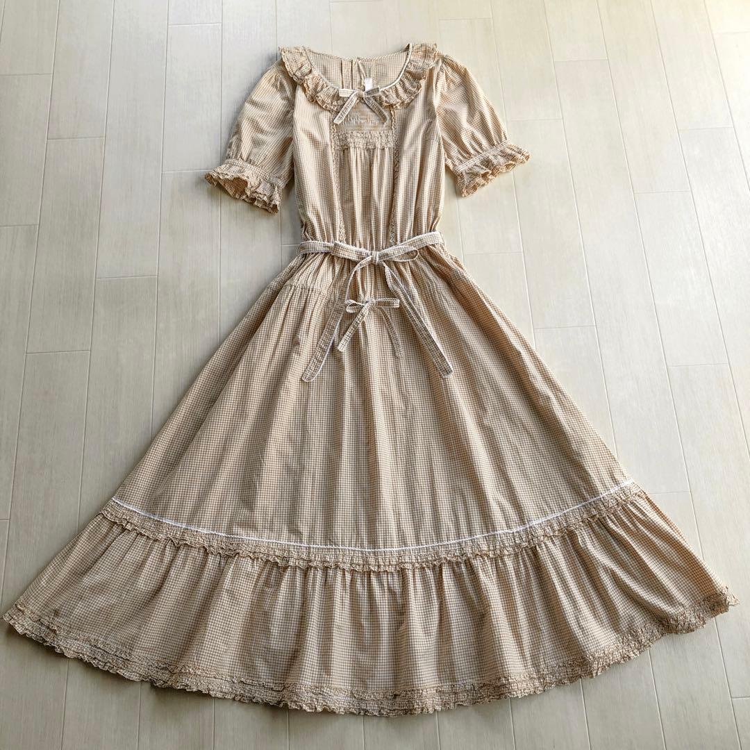 ピンクハウス 綿ローン ベージュ×白 チェック柄 ピコフリル ワンピース