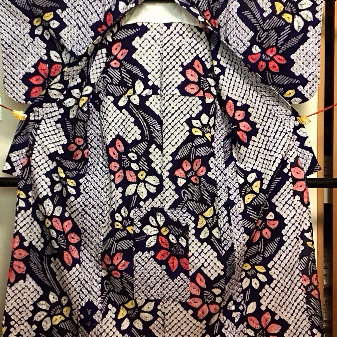 未使用☆本場有松絞り☆誂え浴衣☆藍色☆肩当て・居敷当付☆身丈159☆裄丈67