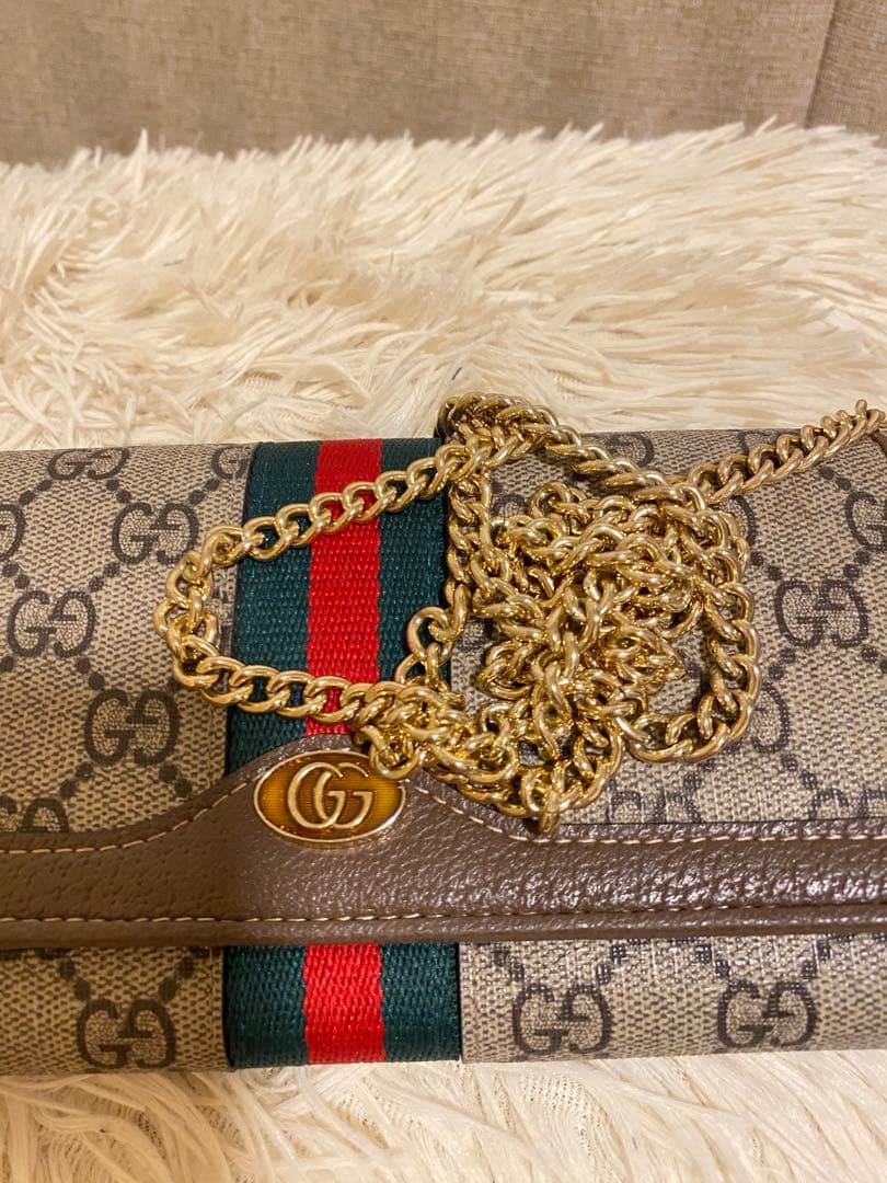 GUCCI GGキャンバス 長財布 チェーンストラップ