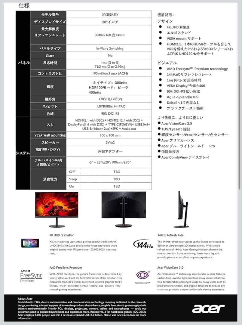 Acer Nitro XV282K KV 28インチ 4Kワイドモニター 非光沢
