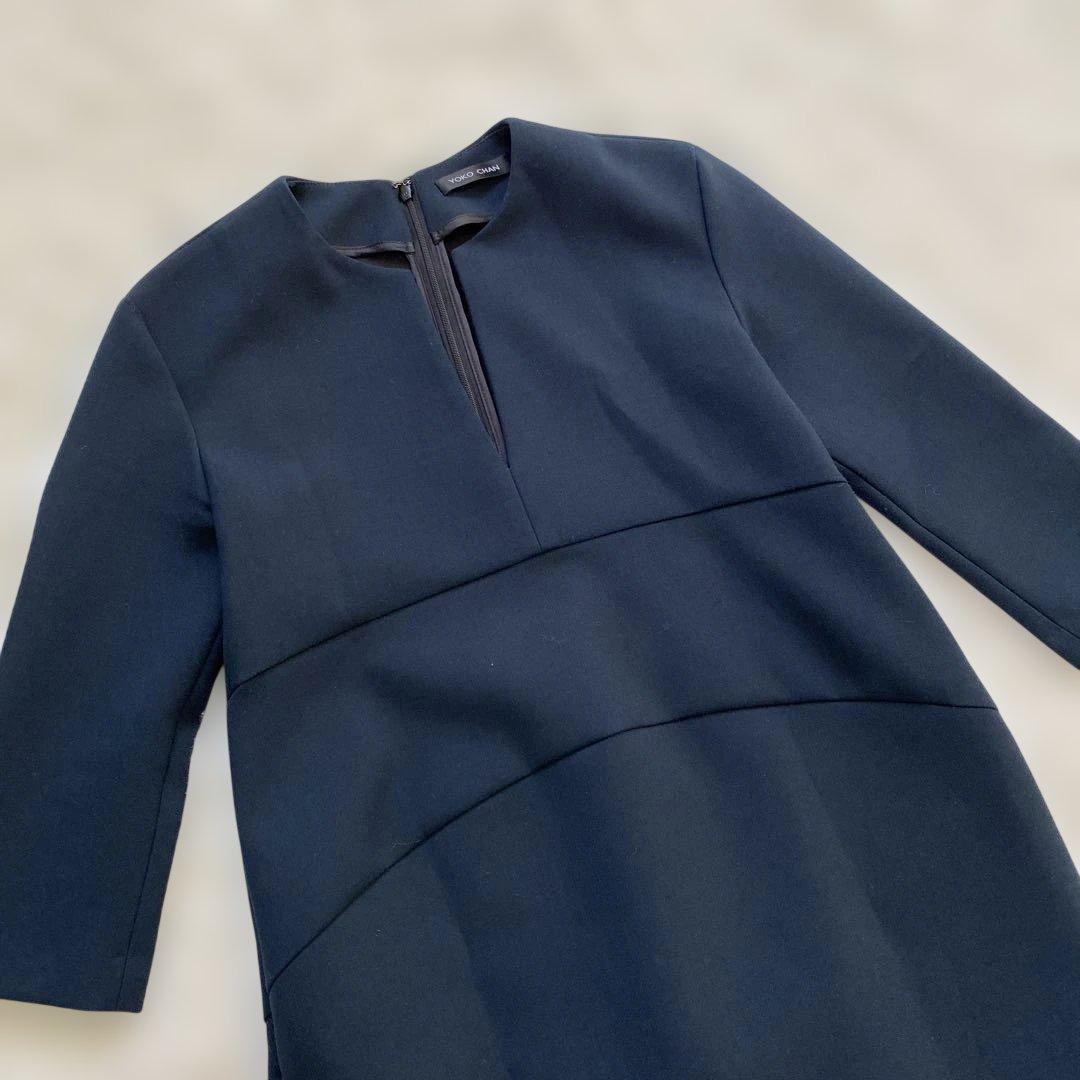 yoko chan ヨーコチャン 七分袖 ワンピース ひざ丈 ドレス ネイビー