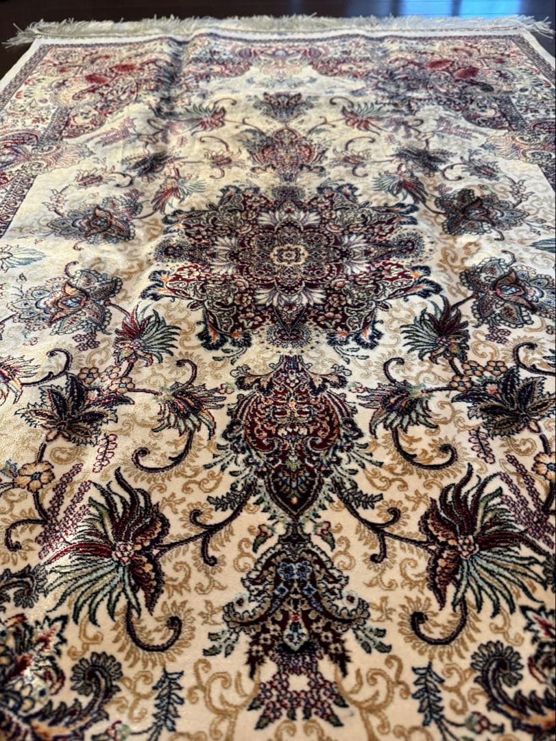 イラン製 ペルシャ絨毯 カシャーン 優雅な艶　高密度 クリーム×バーガンディ