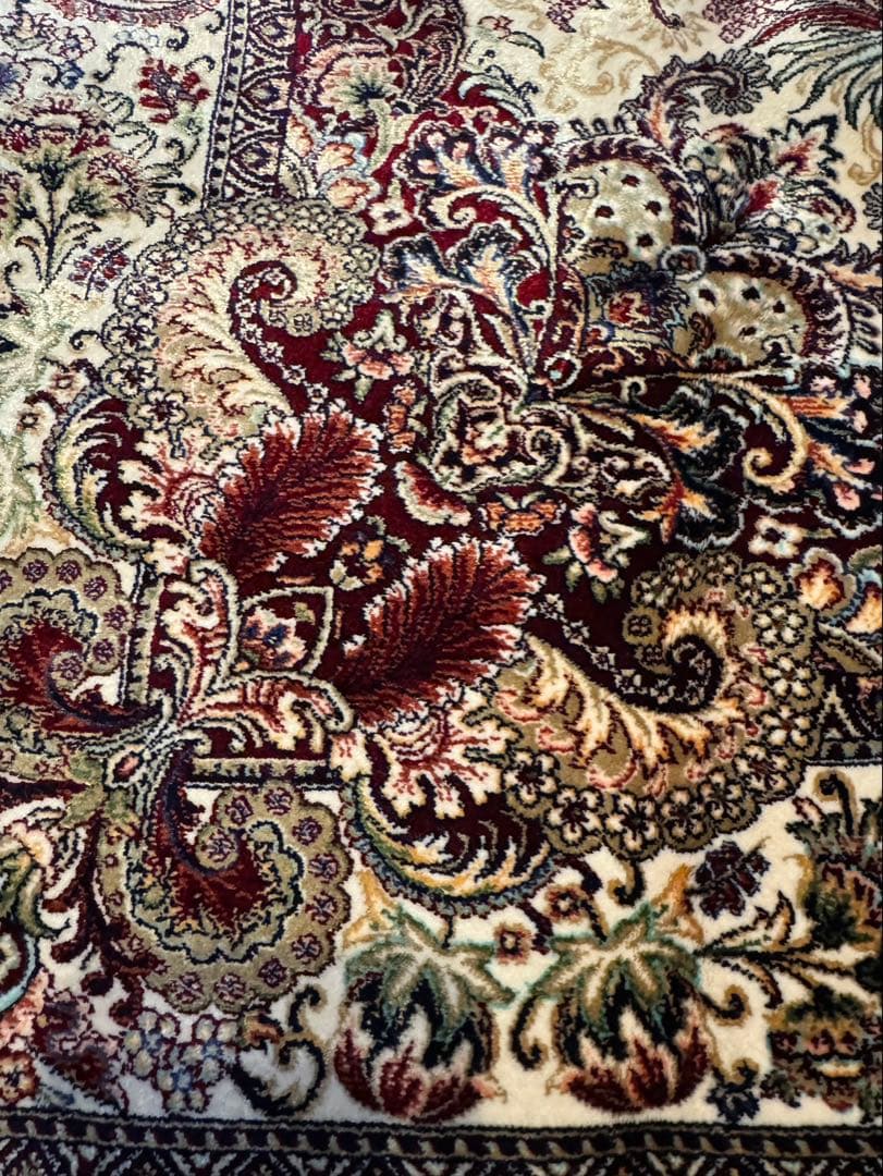 イラン製 ペルシャ絨毯 カシャーン 優雅な艶　高密度 クリーム×バーガンディ