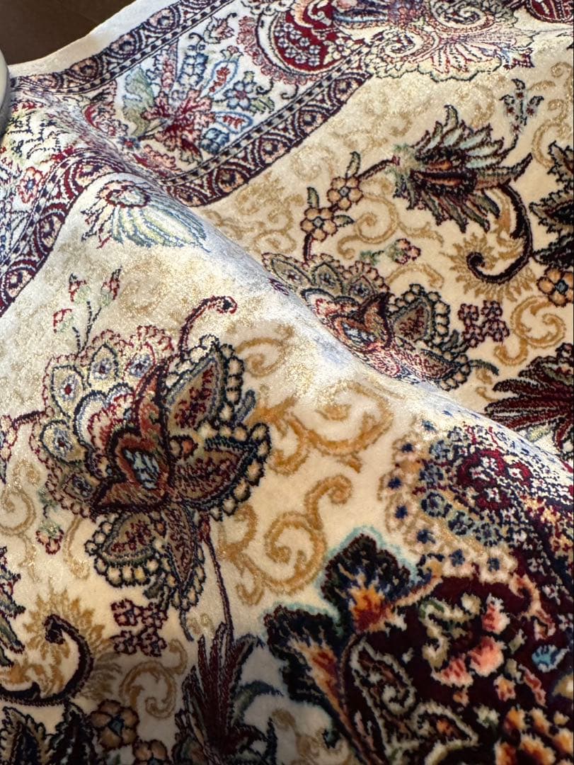 イラン製 ペルシャ絨毯 カシャーン 優雅な艶　高密度 クリーム×バーガンディ