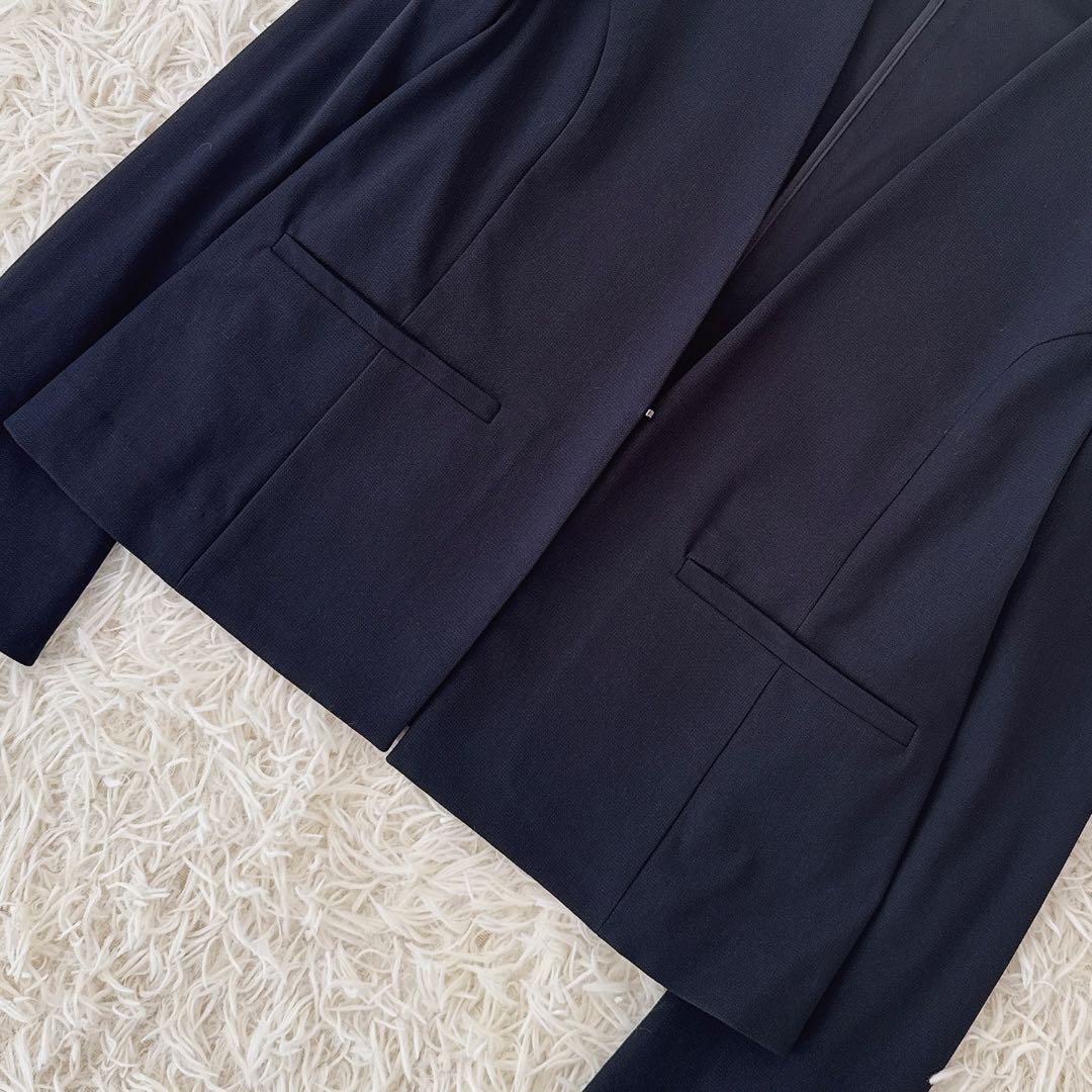 大きいサイズ13✨ケイミー ノーカラー スカートスーツ セットアップ 紺 伸縮性