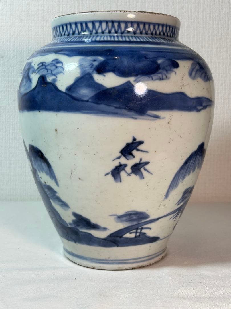 古伊万里　藍九谷染付沈香壷 江戸時代中期〜後期 口縁部朱漆修復