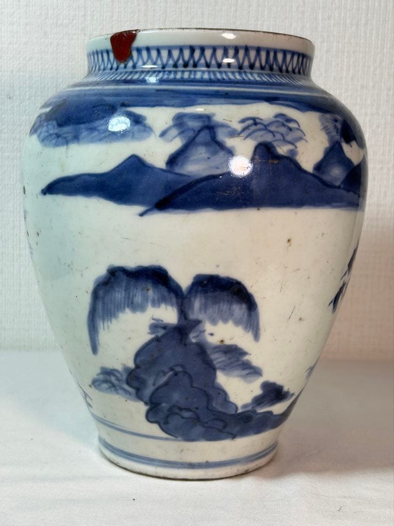 古伊万里　藍九谷染付沈香壷 江戸時代中期〜後期 口縁部朱漆修復