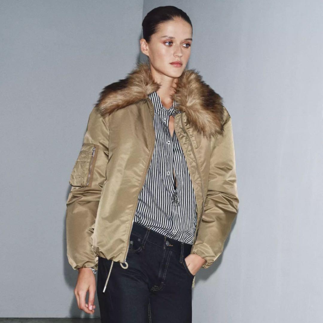 新品 ZARA フェイクファー襟 ジャケット M ブルゾンMA-1 アウター