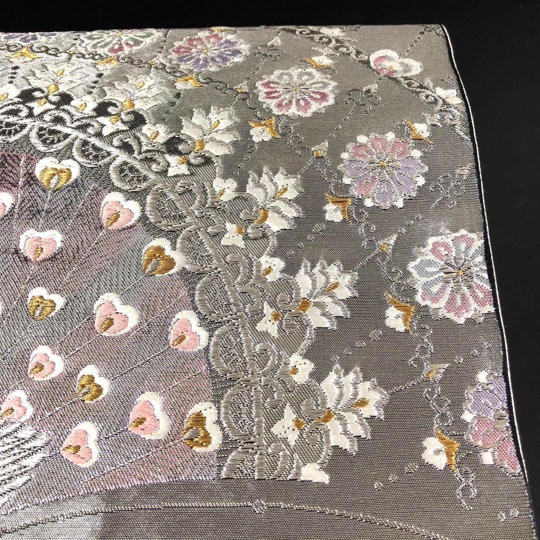 SO-406 袋帯 六通 正絹 銀箔 銀糸 金糸 孔雀 豪華