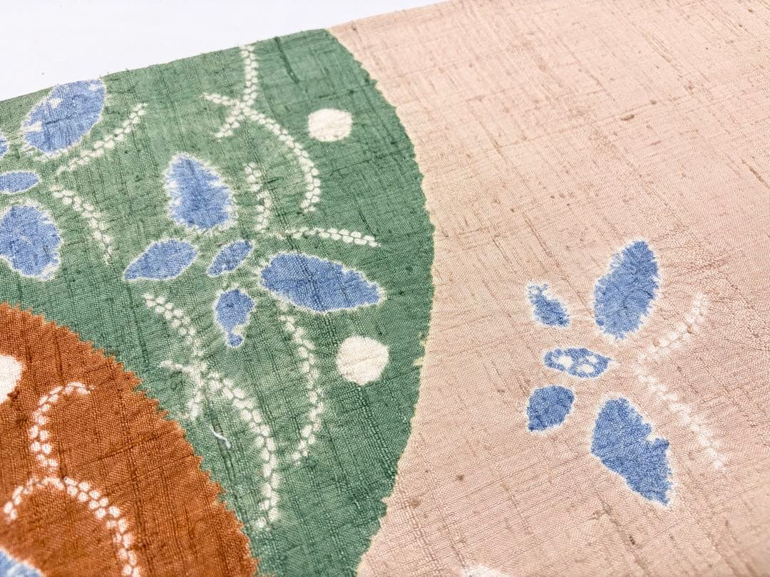 B5 蝶に花模様 絞り 薄茶色系 紬 正絹 太鼓柄 開き名古屋帯 シャレ帯