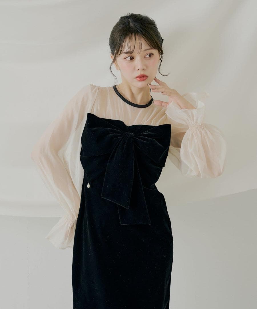 M オケージョン 配色シアーリボンベロアワンピース SALON by Chico