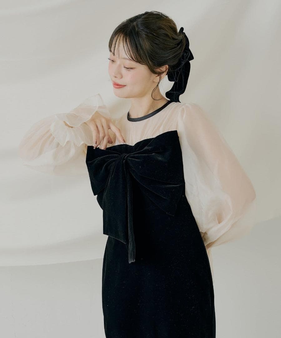 M オケージョン 配色シアーリボンベロアワンピース SALON by Chico