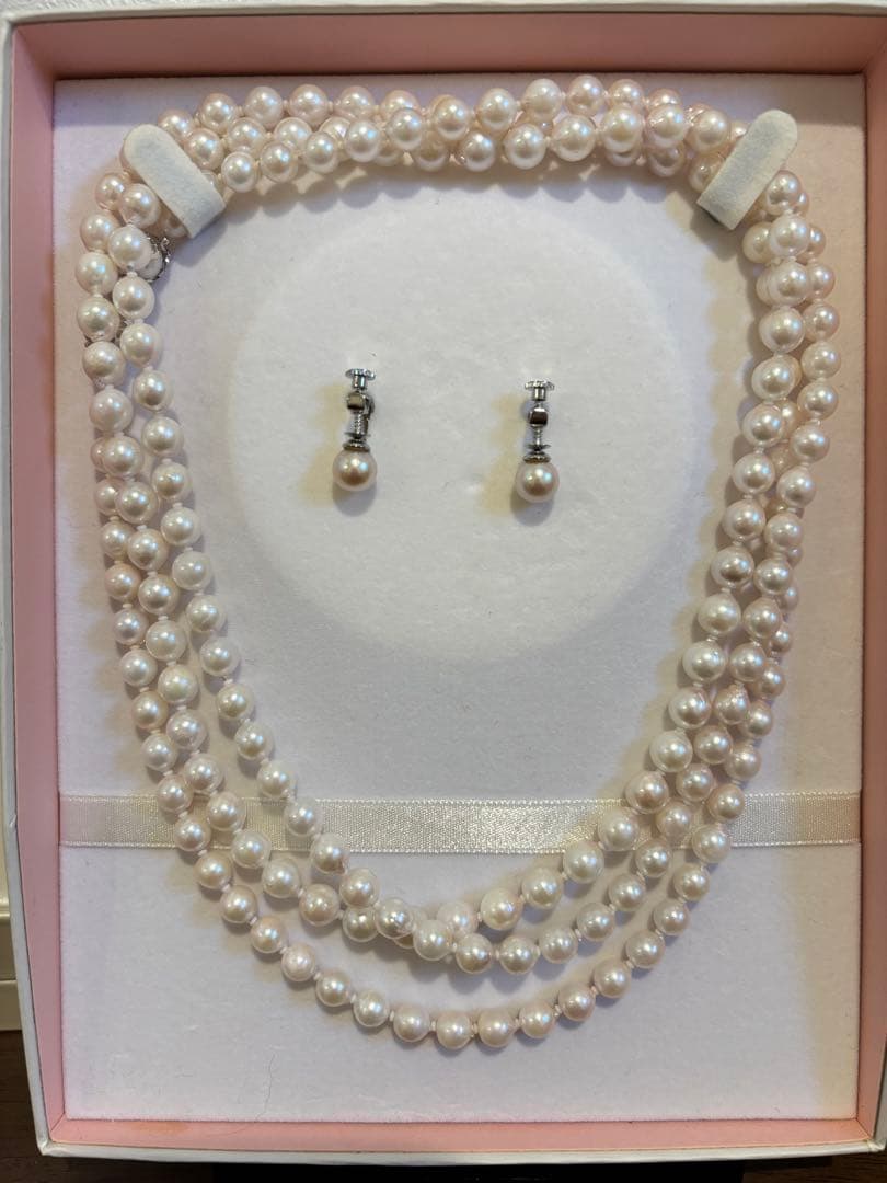 【美品】天然ホワイトパール ロングネックレス イヤリングセット