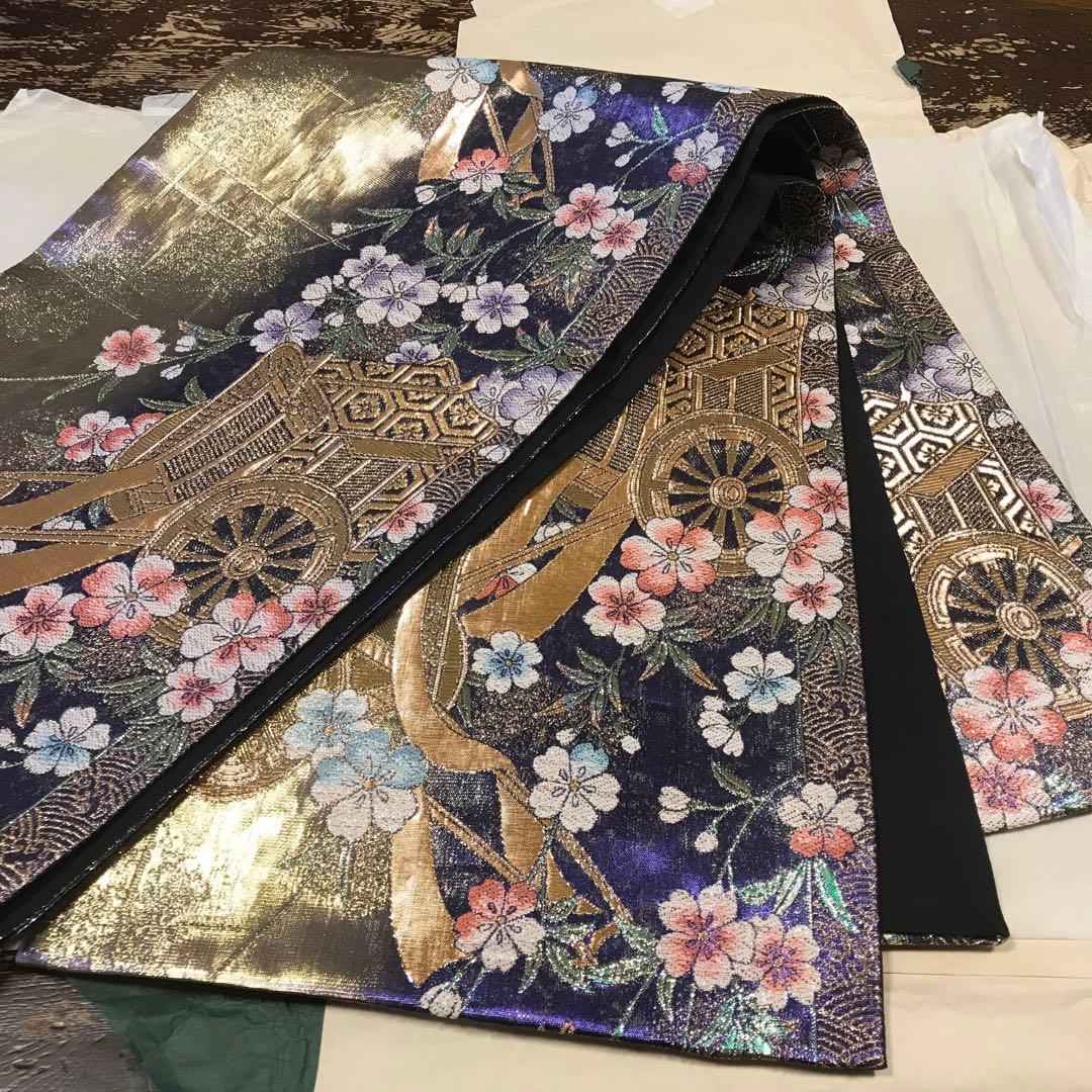 振袖用袋帯　御所車と桜　正絹　西陣袋帯　成人式に最適