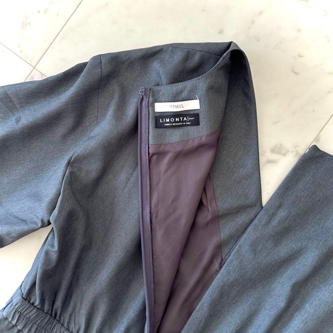 美品 ルフィル リモンタ ロング丈 Vネックワンピース グレー パフスリーブ S