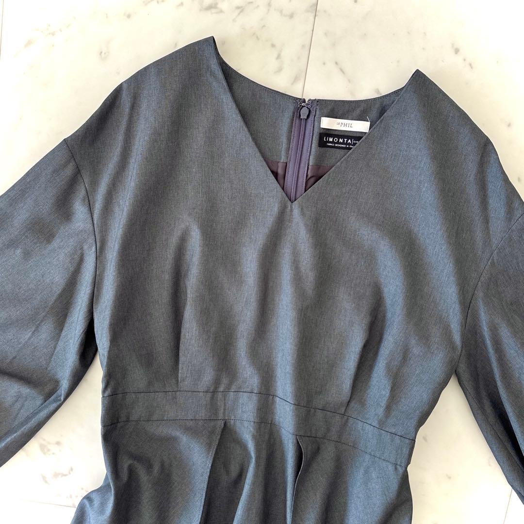 美品 ルフィル リモンタ ロング丈 Vネックワンピース グレー パフスリーブ S