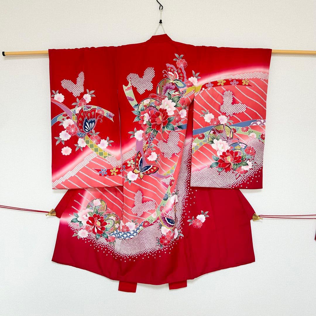 お宮参り　産着　祝着　赤　鼓　舞蝶　絞り柄　四季草花　女の子　襦袢付き