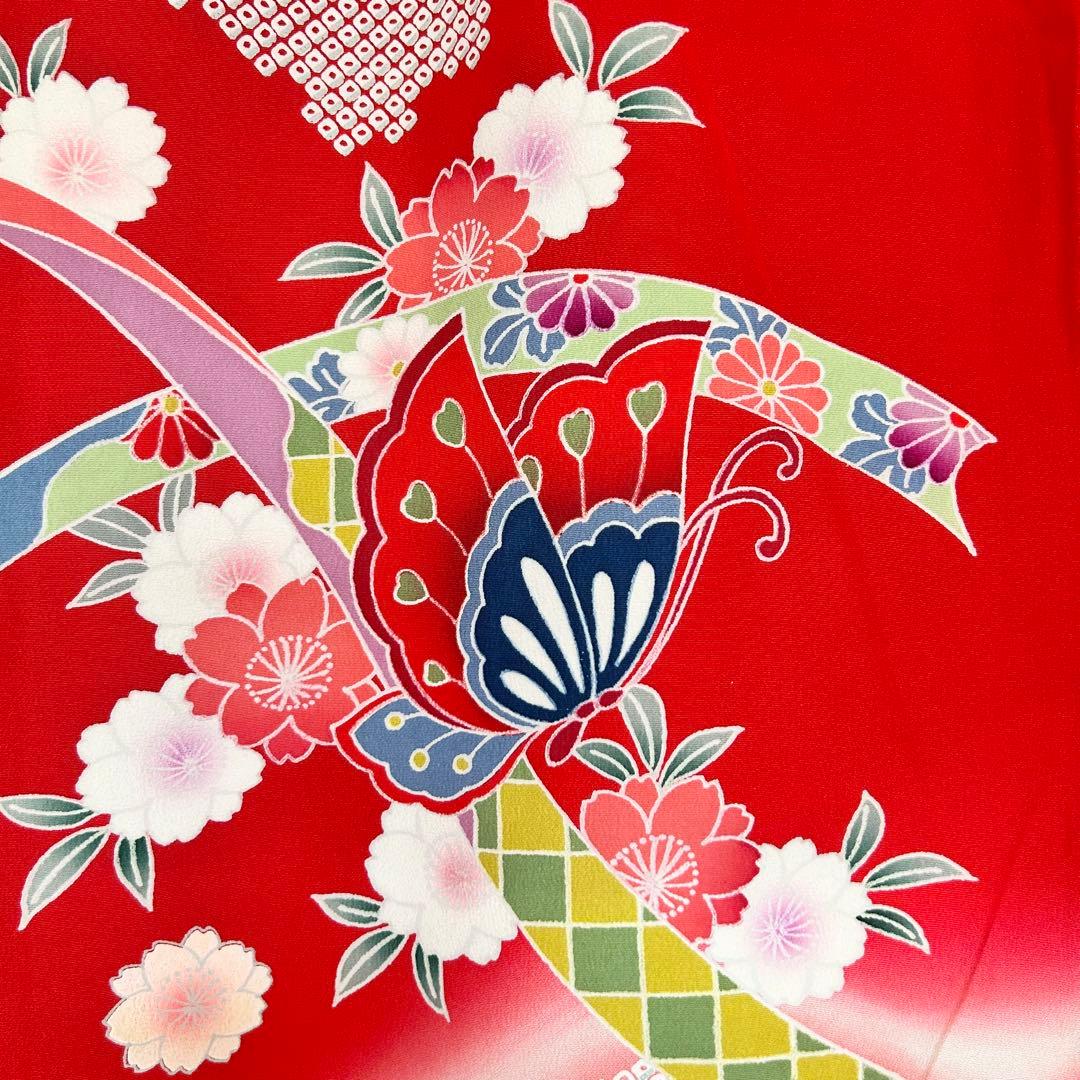 お宮参り　産着　祝着　赤　鼓　舞蝶　絞り柄　四季草花　女の子　襦袢付き