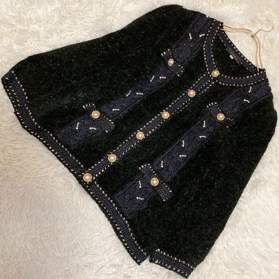 《良品》Leilian パール付きニットカーディガン ブラック 9号 フォーマル