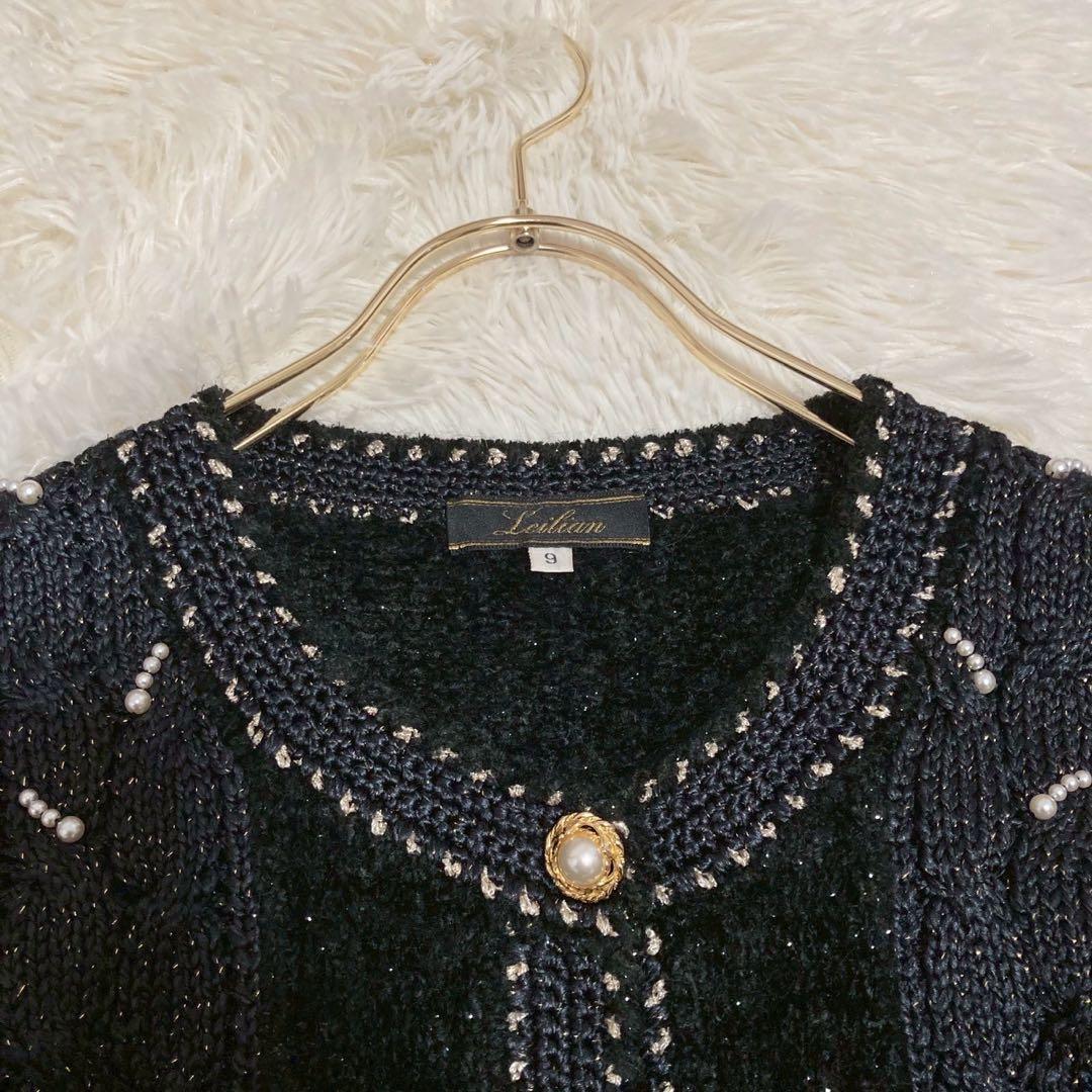 《良品》Leilian パール付きニットカーディガン ブラック 9号 フォーマル