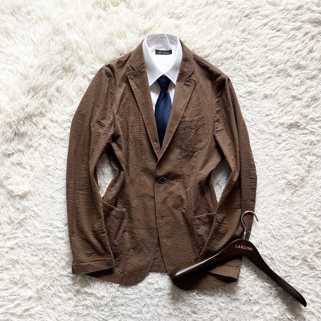 <美品>LARDINI 新ロゴ ブラウン シアサッカー ジャケット サイズ46