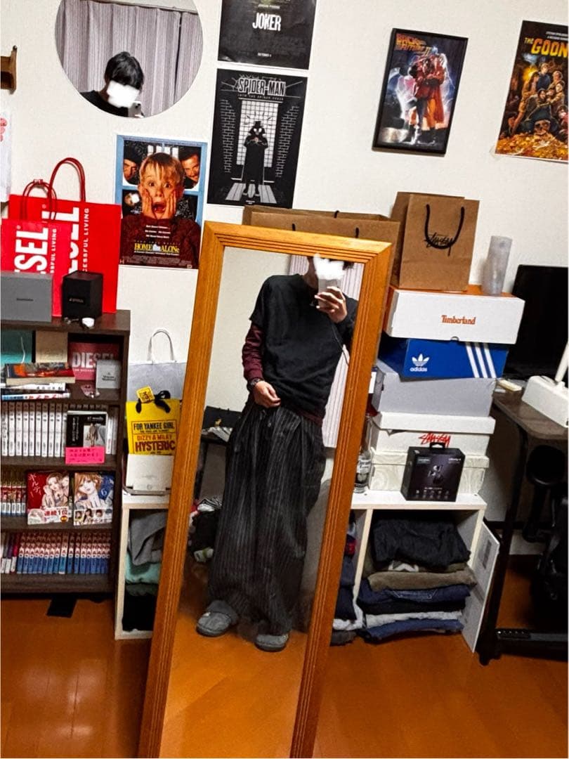 ダークグレー ストライプ ワイドパンツ Mサイズ